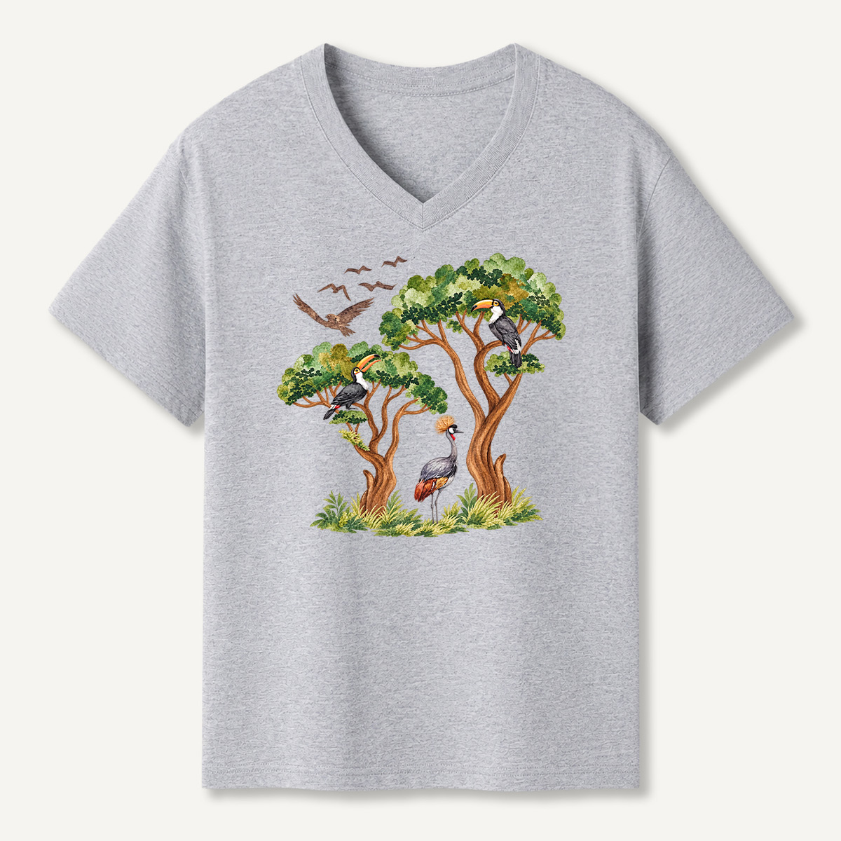 Tropical Toucan And Crowned Crane Forest V-neck T-Shirt