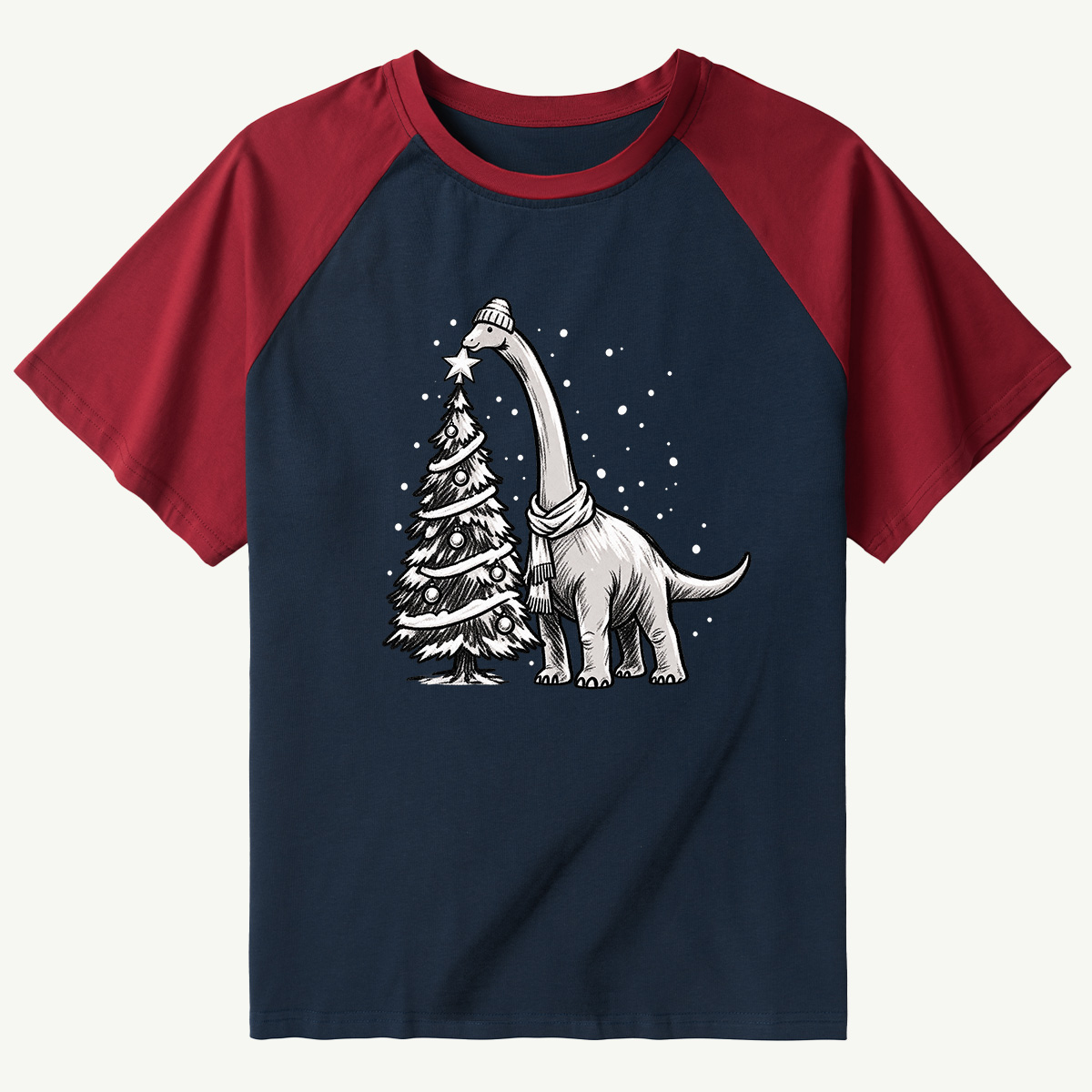 Cozy Long Neck Dinosaur Decorating Christmas Tree Raglan T-Shirt
