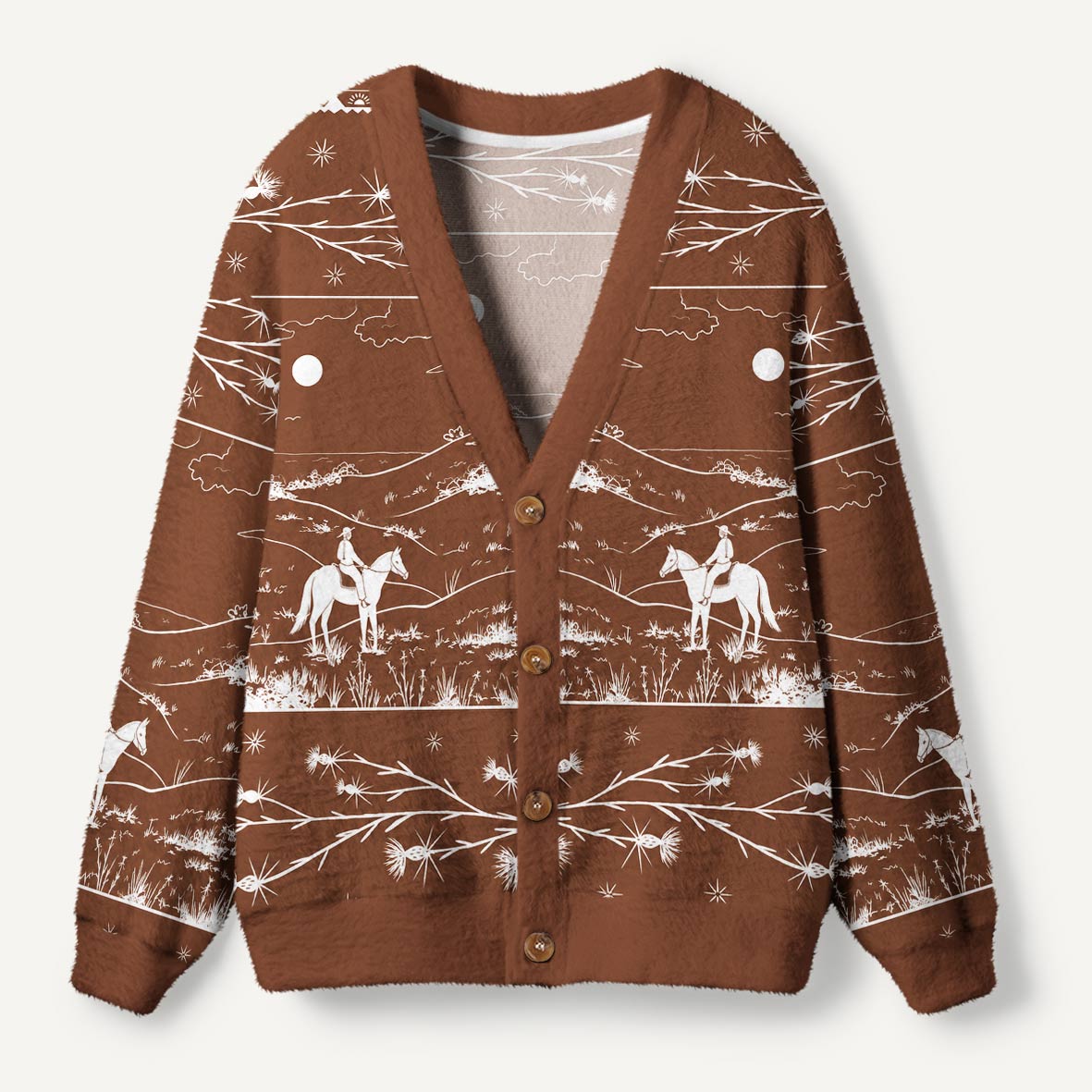 Western Moonlight Horse Rider Thistle And Horseshoe Folk Art Ugly Cardigan Sweaters