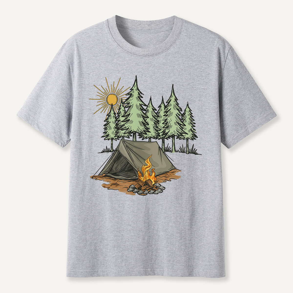 Sunny Forest Tent Campfire Illustration T-Shirt