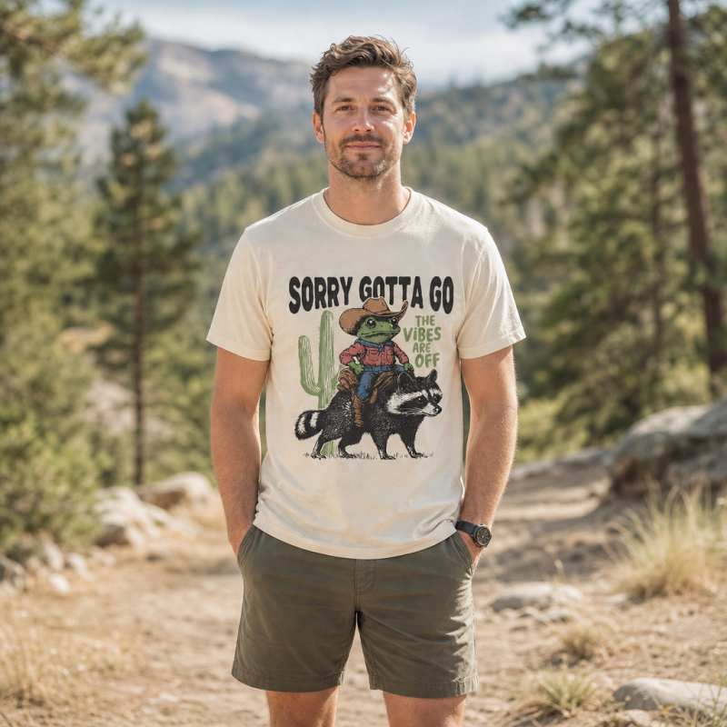 Sorry Gotta Go Cowboy Frog Riding Raccoon T-Shirt