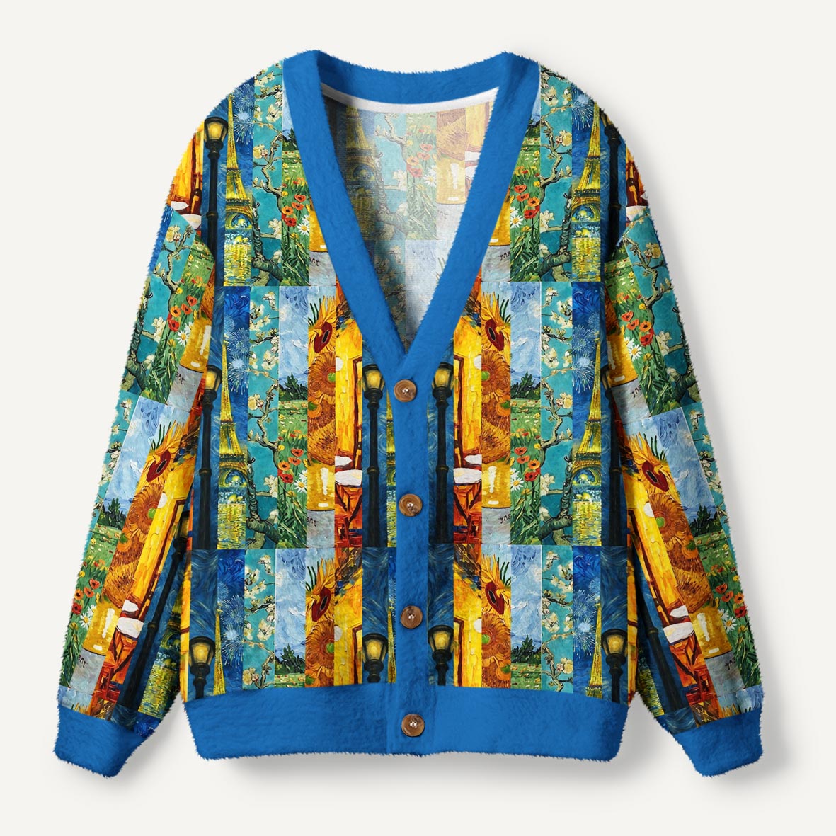 Van Gogh Inspired Art Collage Eiffel Tower Almond Blossoms And Sunflowers Ugly Cardigan Sweaters