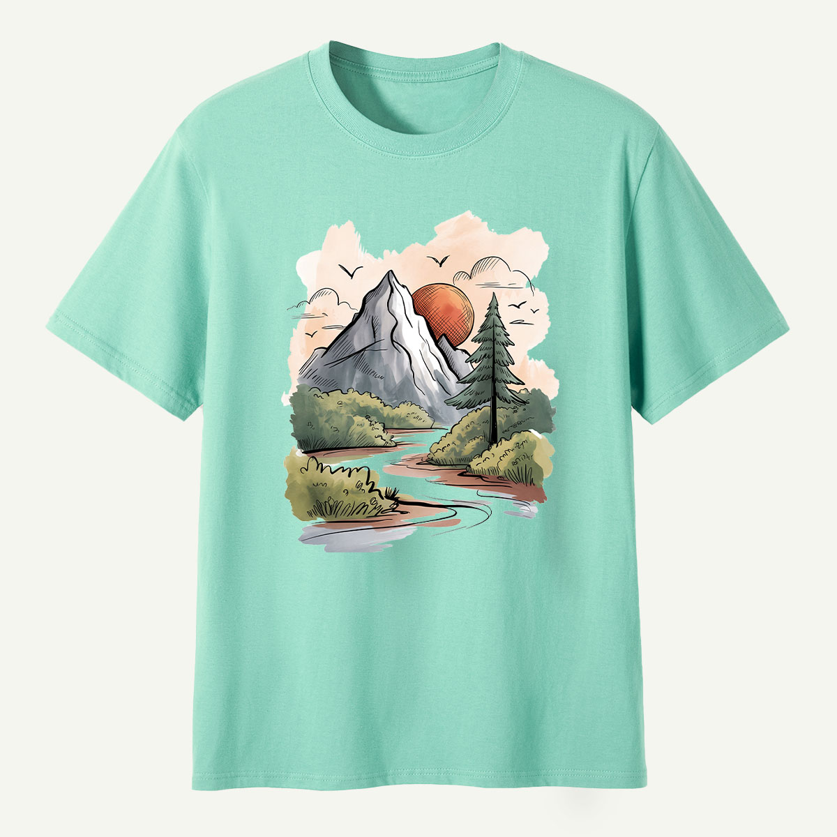 Mountain River Sunset Watercolor Landscape T-Shirt
