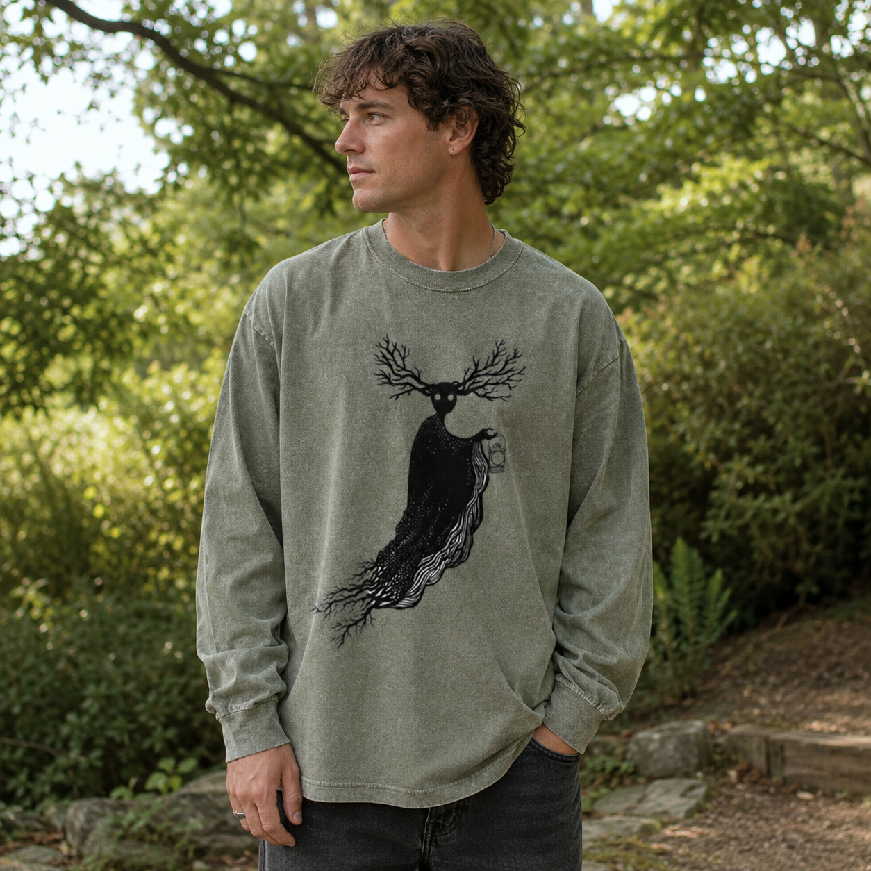 Lantern Stag of the Dark Woods Washed Long‑sleeve