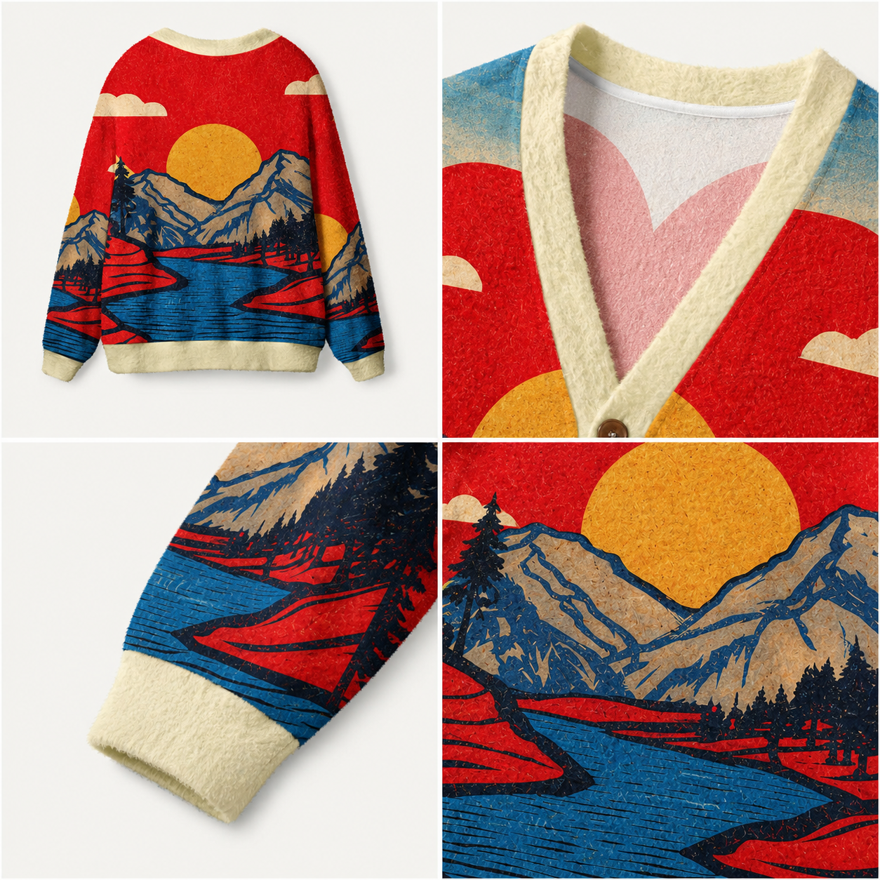 Red Sun Over the Mountain River Ugly Cardigan Sweaters