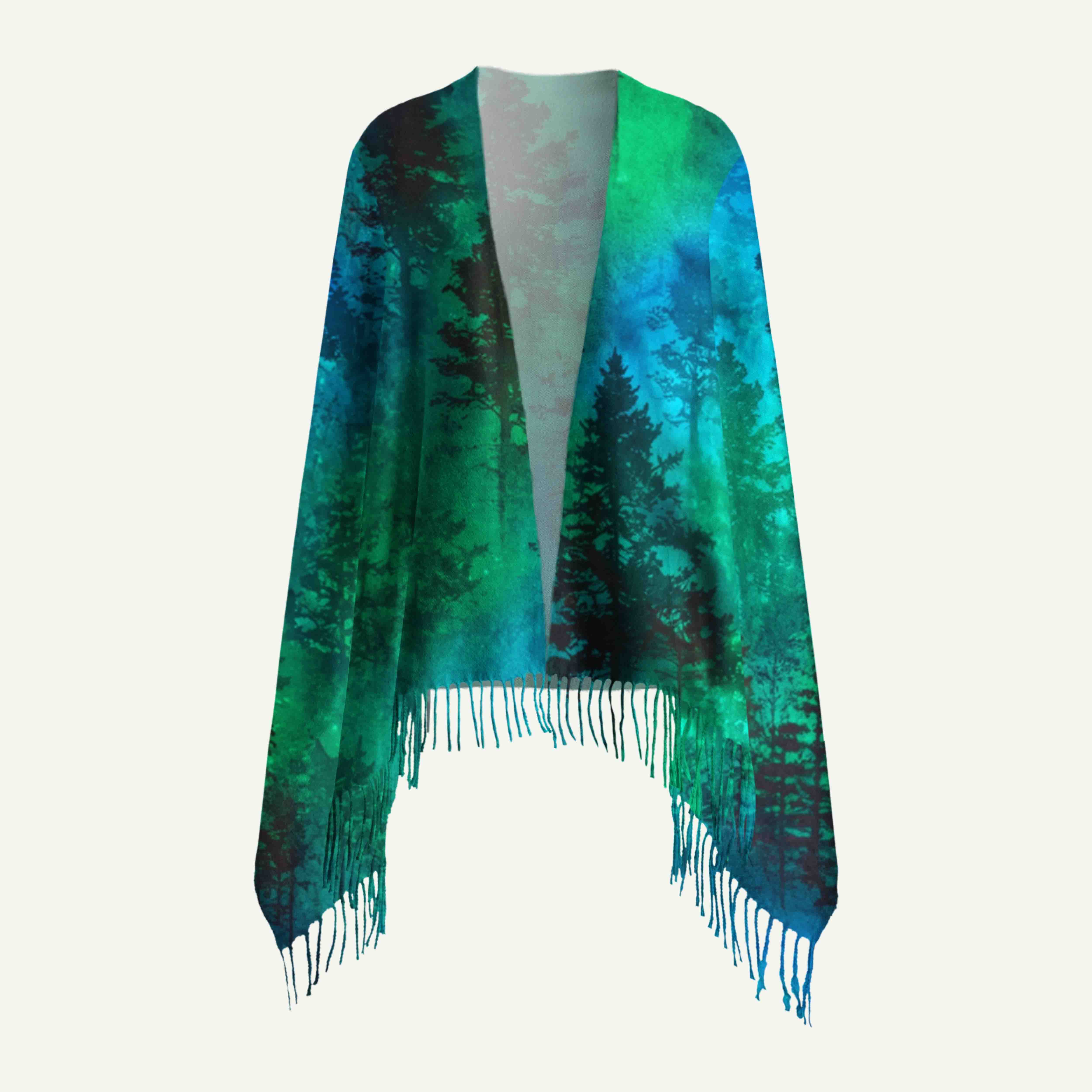 Nature Glowing Forest Tree Long Cashmere Scarf with Tassels