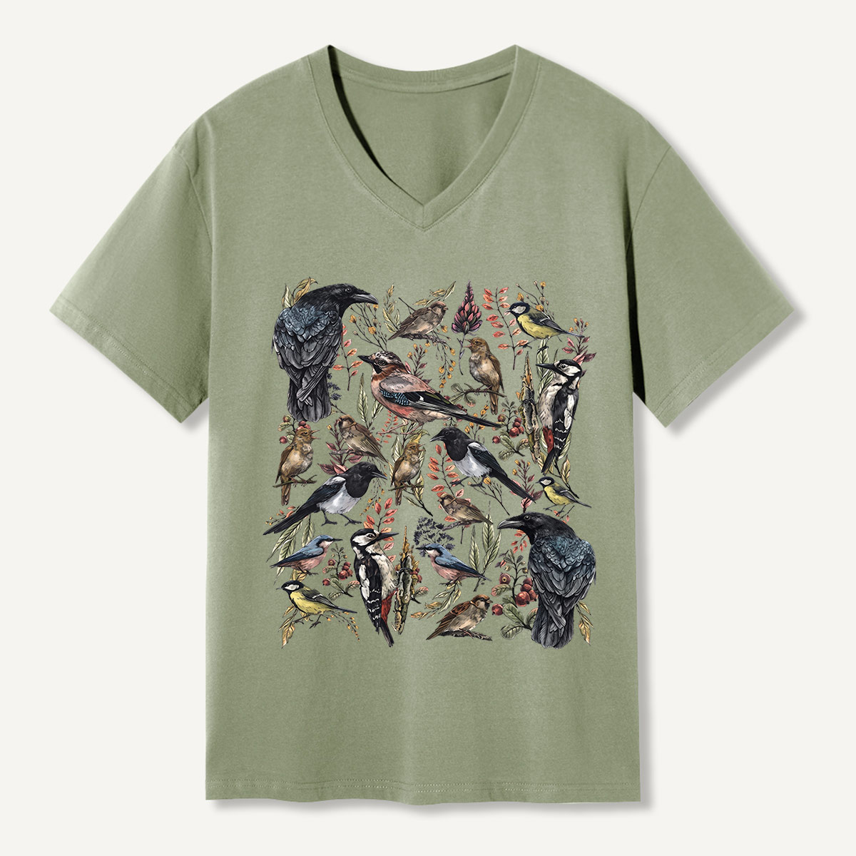 Vintage Wild Birds Botanical V-neck T-Shirt
