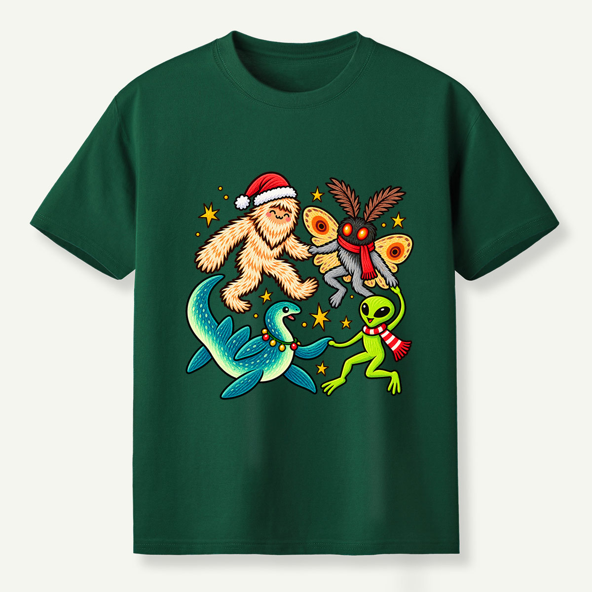 Christmas Cryptid Party Bigfoot Mothman Nessie And Alien T-Shirt