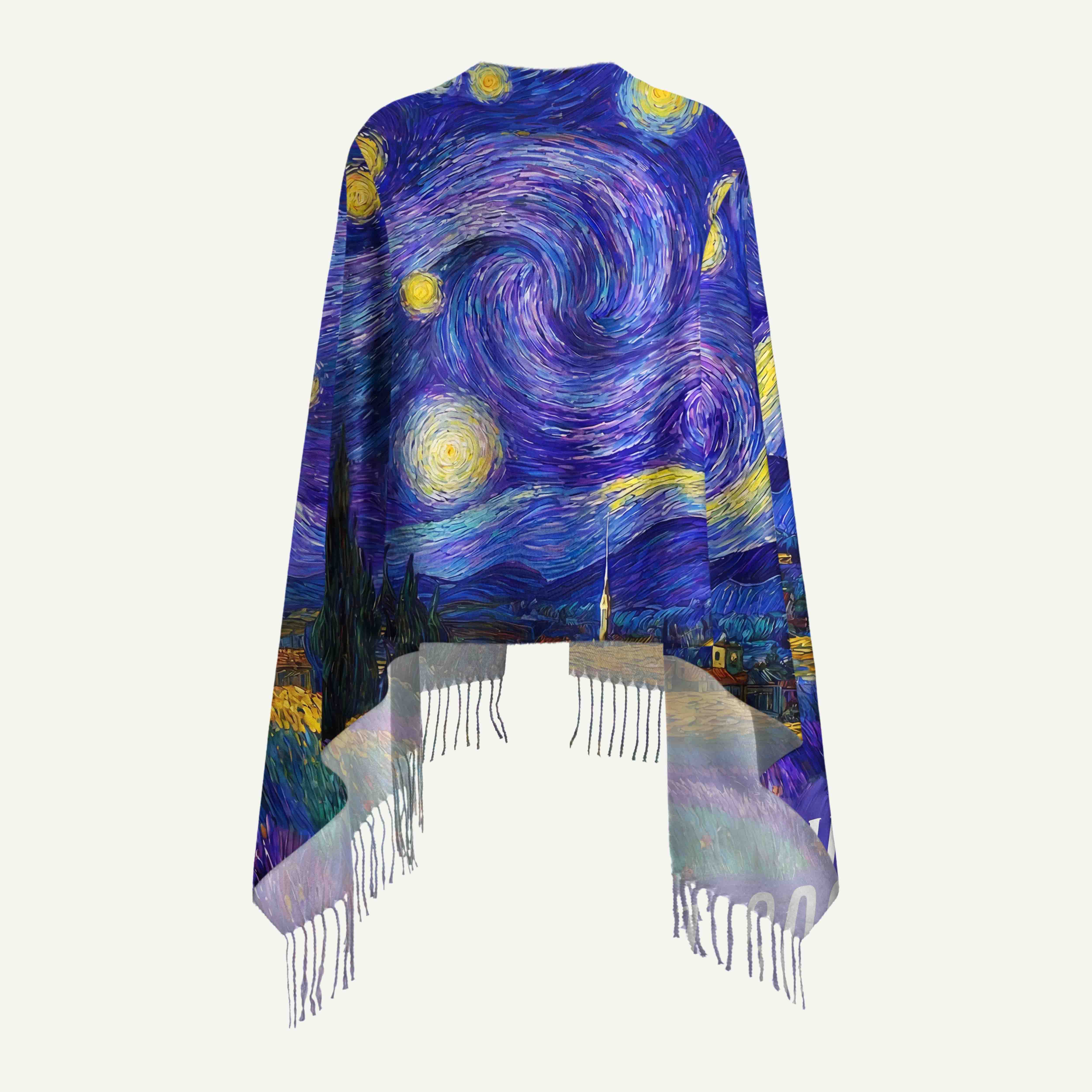 Swirling Night Sky Village Landscape Long Cashmere Scarf with Tassels