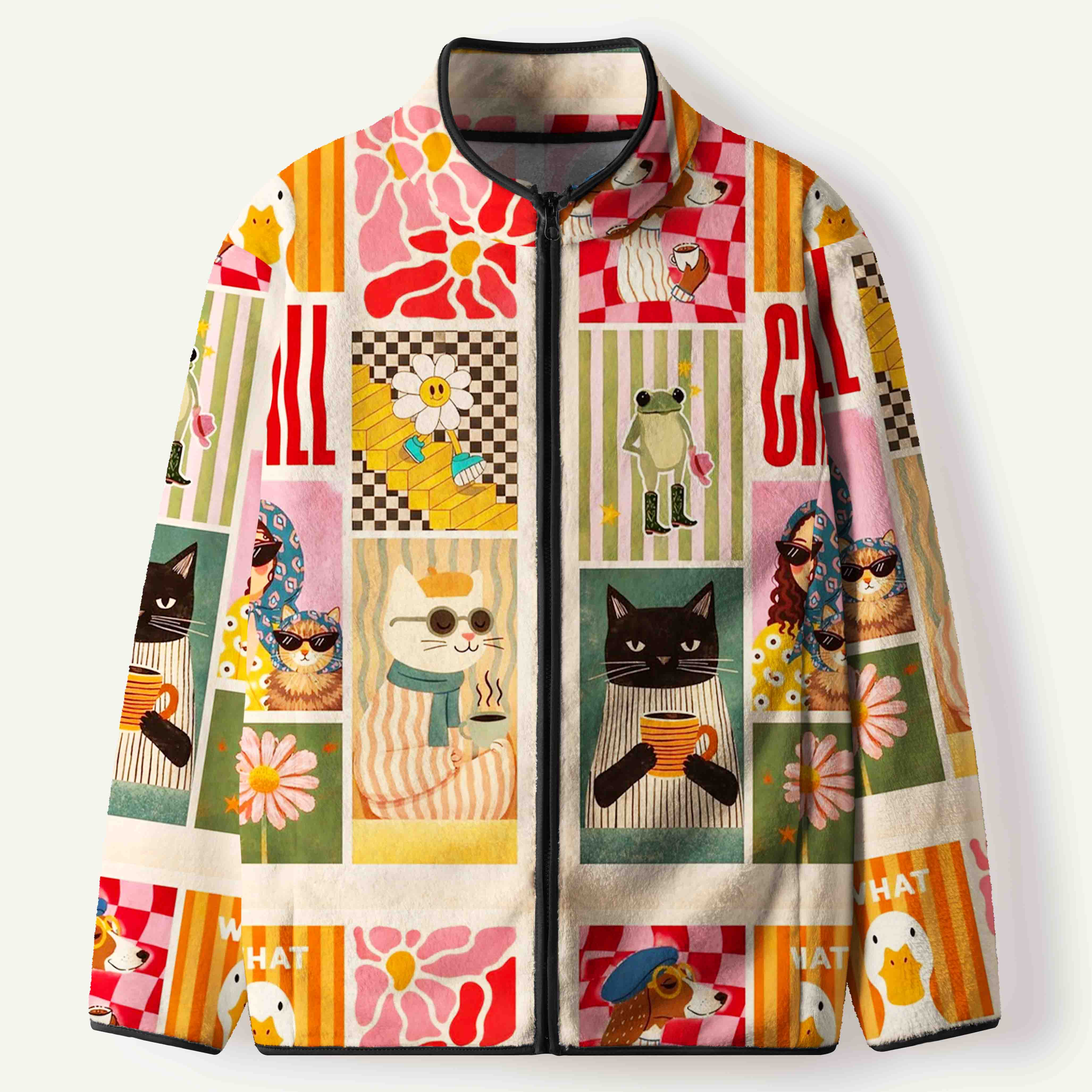 What Chill Retro Character Collage Women's Flannel Zip Front Cardigan