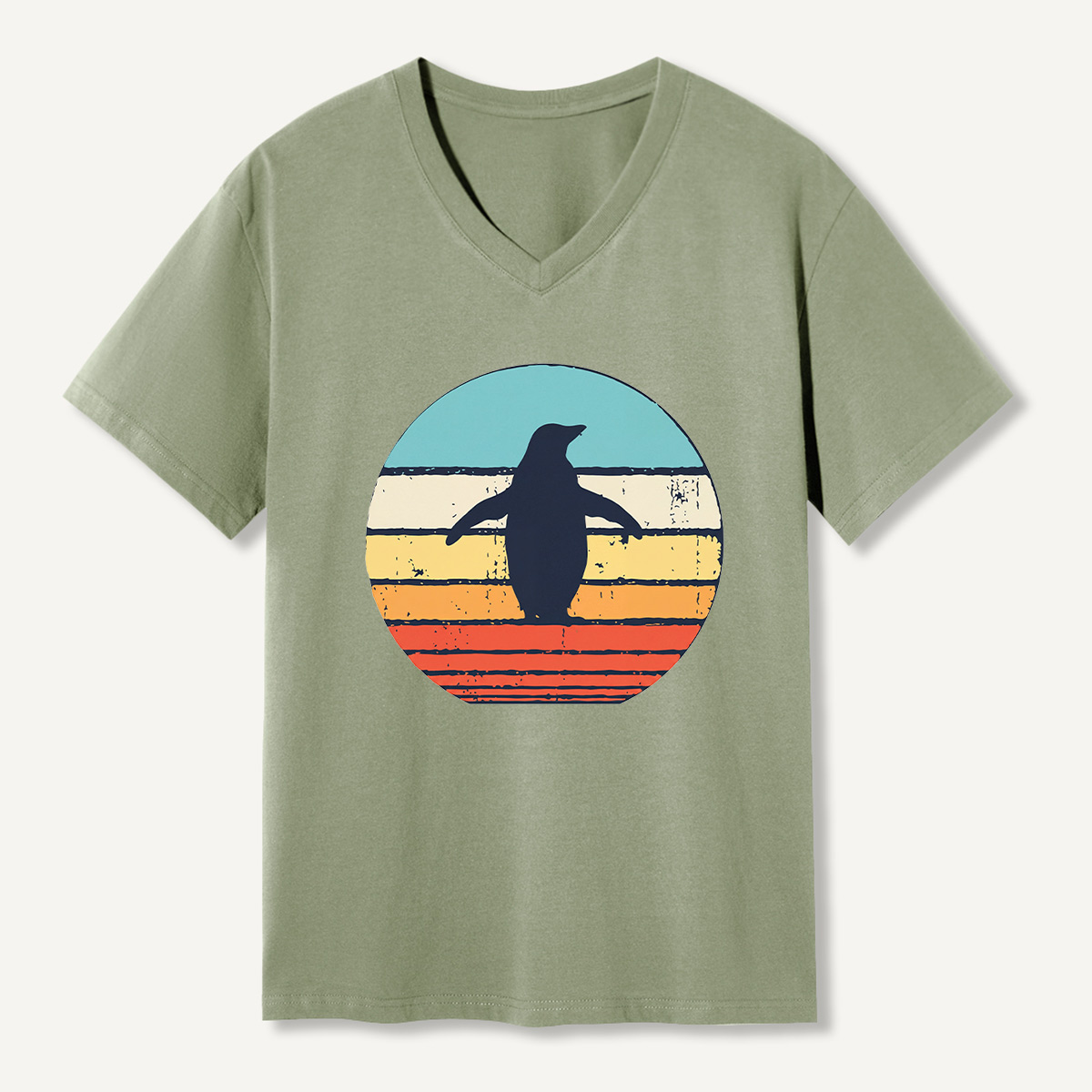 Lone Penguin Retro Sunset V-neck T-Shirt