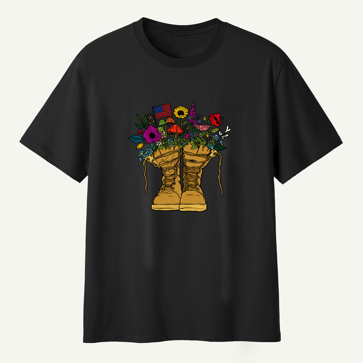 American Flag Combat Boots Wildflower Mushroom Garden T-Shirt