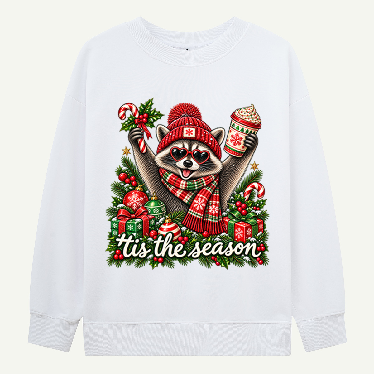 Tis The Season Festive Raccoon With Heart Sunglasses And Hot Cocoa Sweatshirts