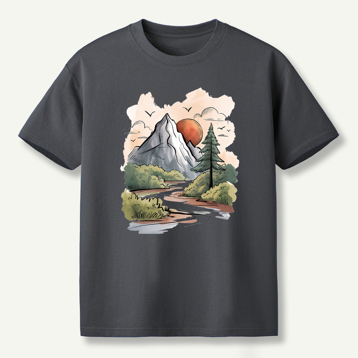 Mountain River Sunset Watercolor Landscape T-Shirt