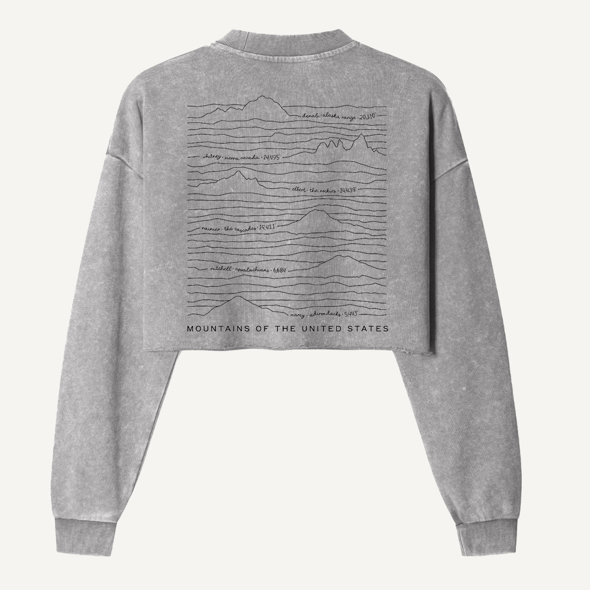 Mountains Of The United States Line Map Women's Washed Cropped Sweatshirt
