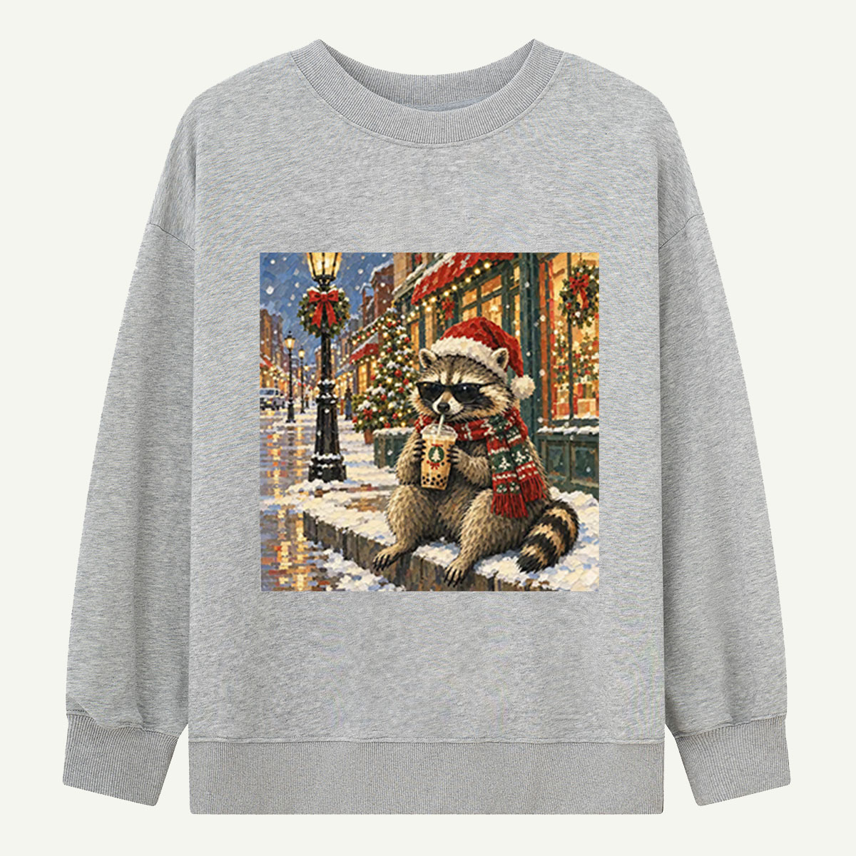 Cool Christmas Raccoon Drinking Boba On A Snowy Street Sweatshirts