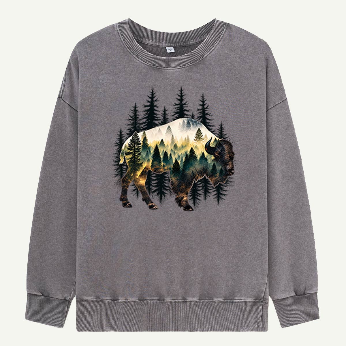 American Bison Forest Mountain Silhouette Vintage Wilderness Art Washed Sweatshirts