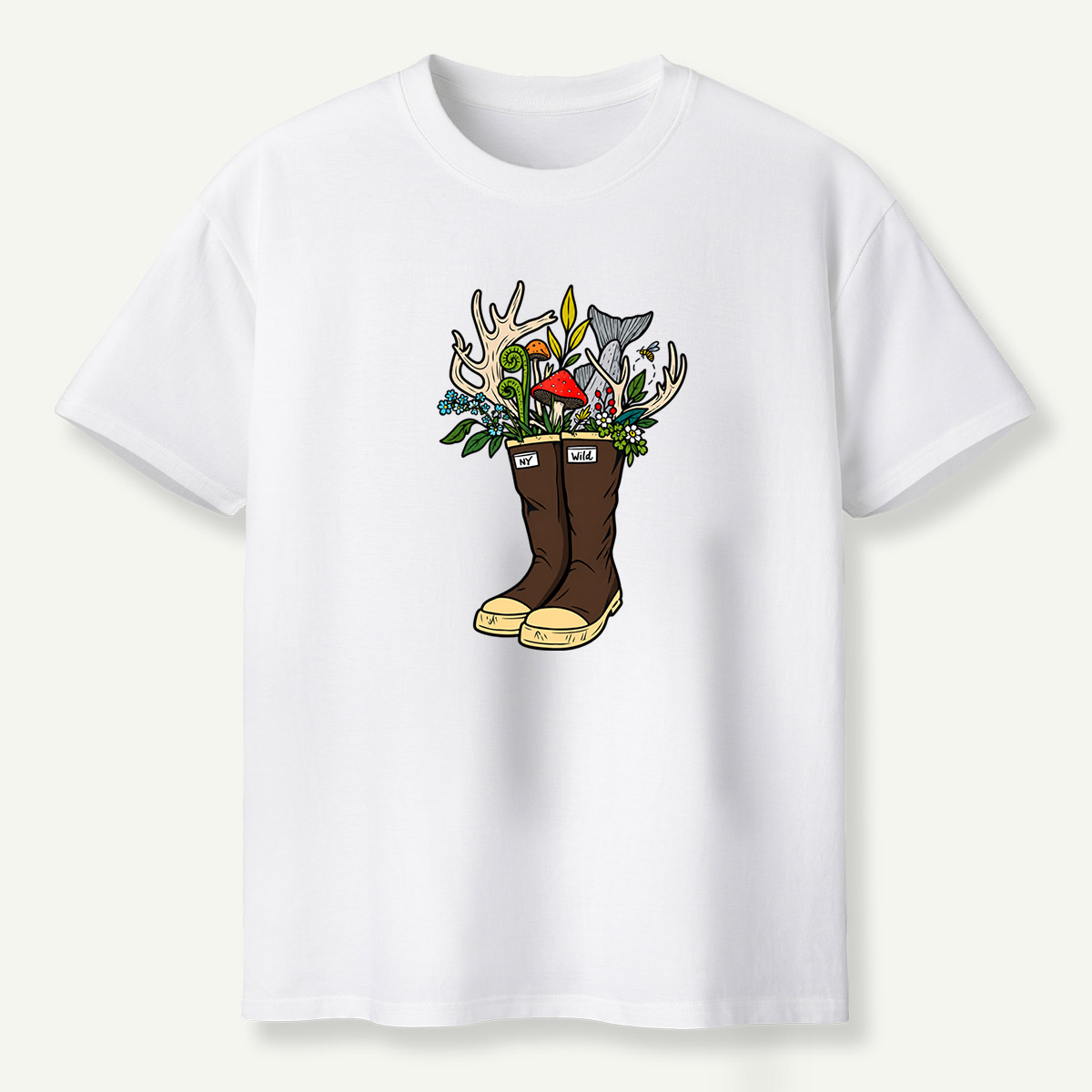 Wild Boots Antlers Mushroom Forest Botanical Arrangement T-Shirt