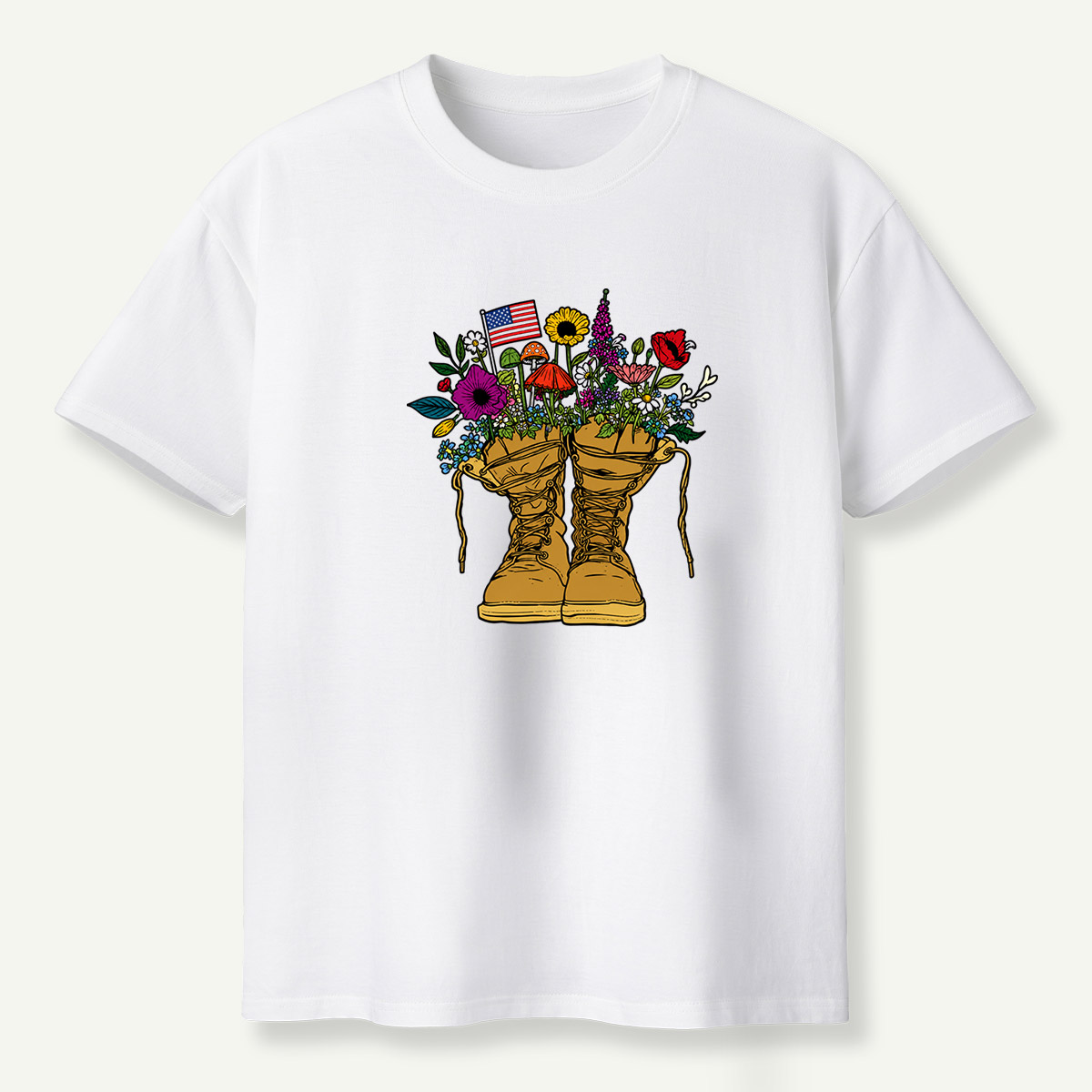 American Flag Combat Boots Wildflower Mushroom Garden T-Shirt