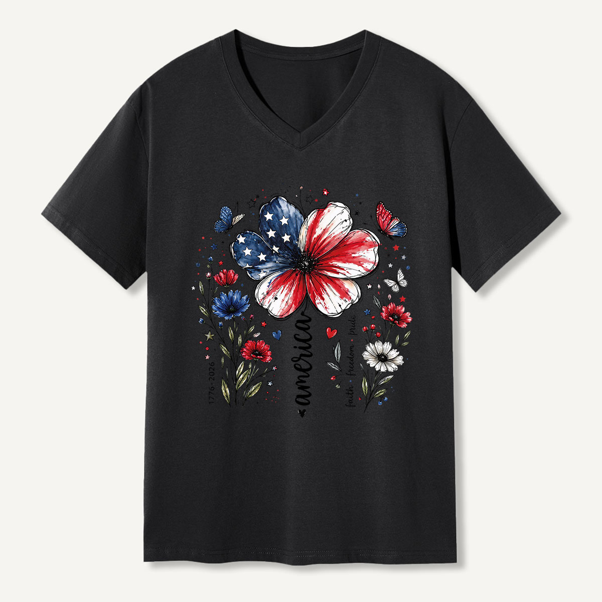 USA 250th Anniversary Floral V-neck T-Shirt