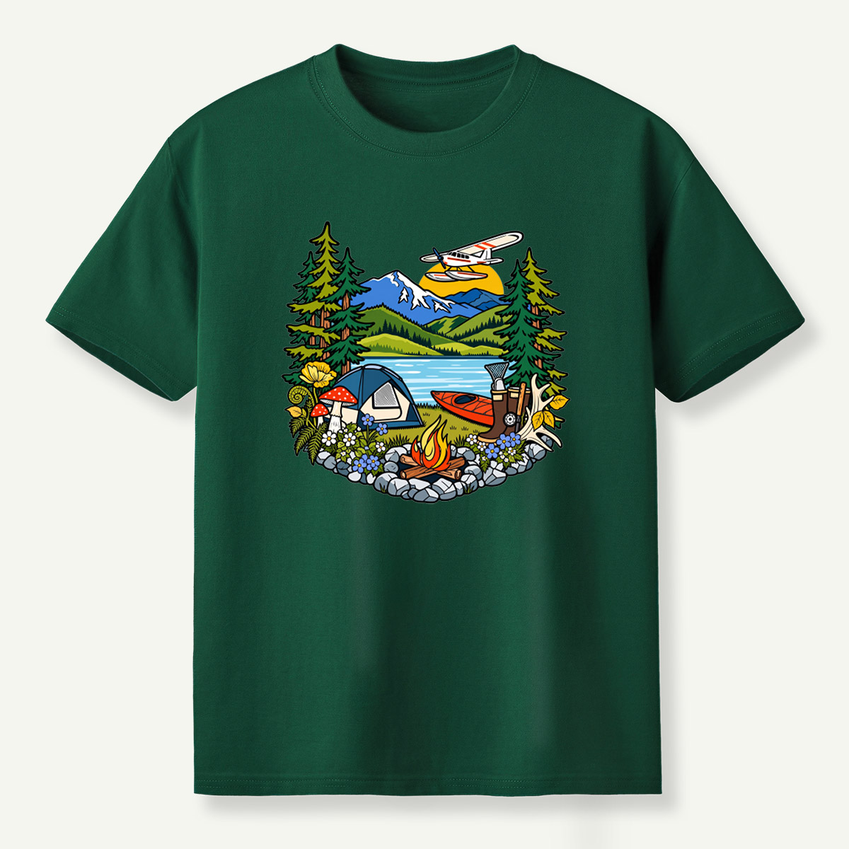 Lake Camping Kayak Seaplane Wilderness Scene T-Shirt
