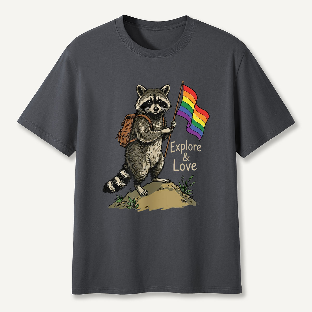 Raccoon Holding Rainbow Flag Explore and Love T-Shirt