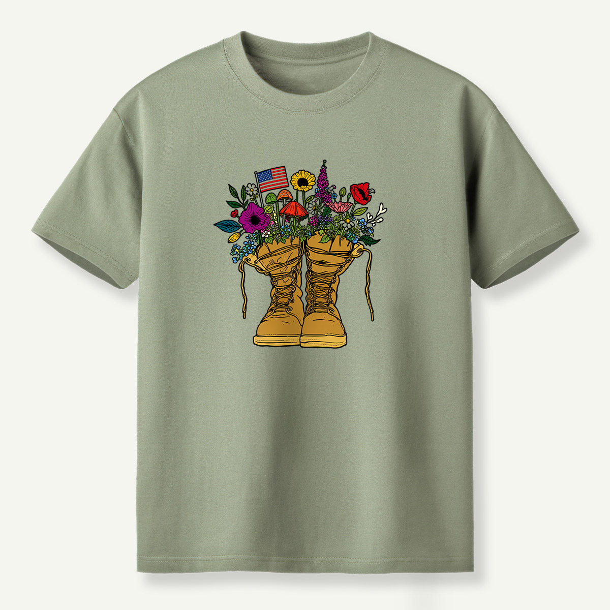 American Flag Combat Boots Wildflower Mushroom Garden T-Shirt