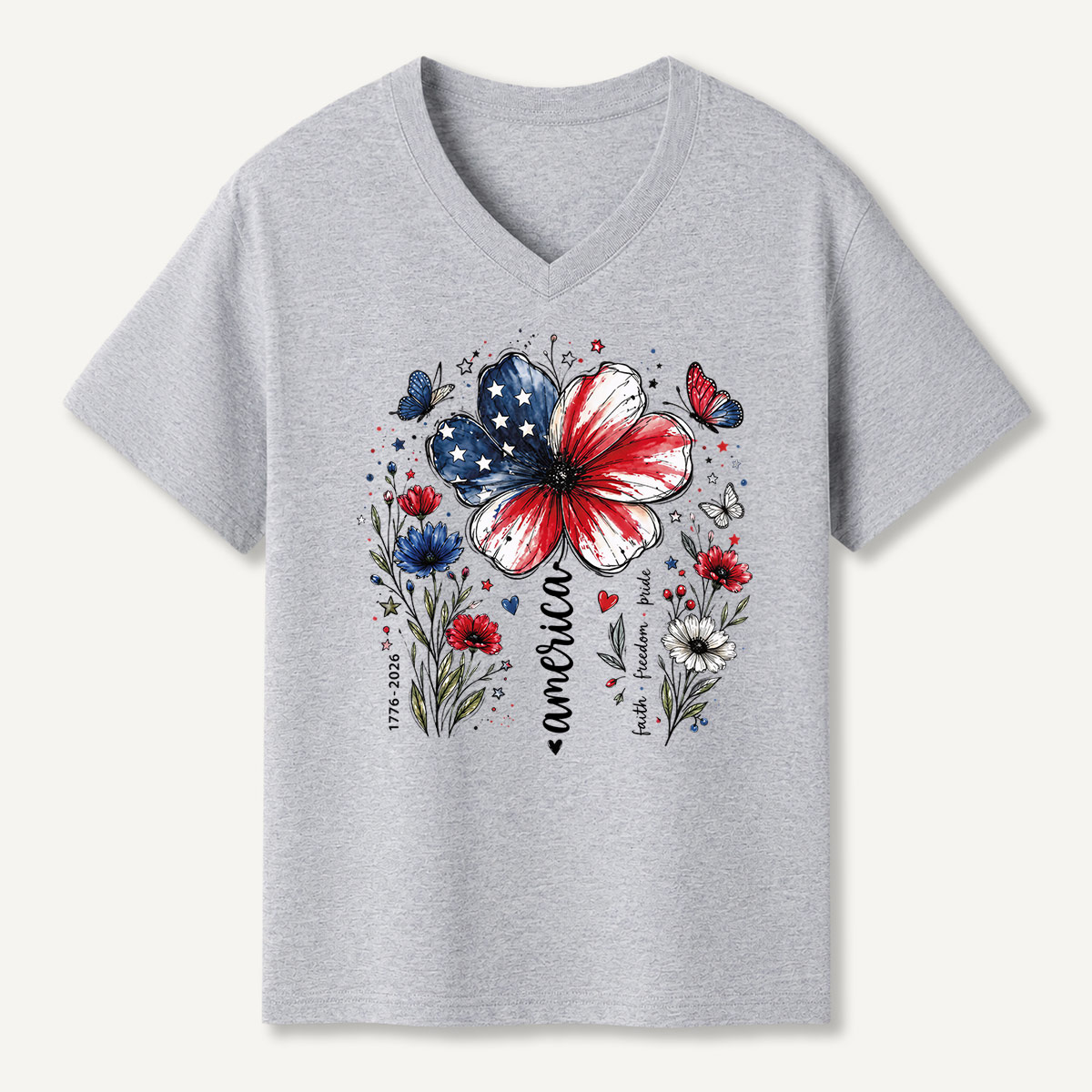 USA 250th Anniversary Floral V-neck T-Shirt