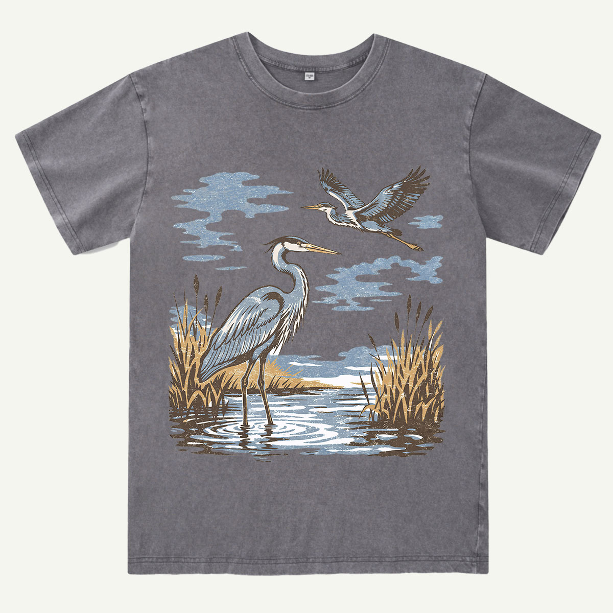 Vintage Heron Wetland Bird Nature Washed T-Shirt