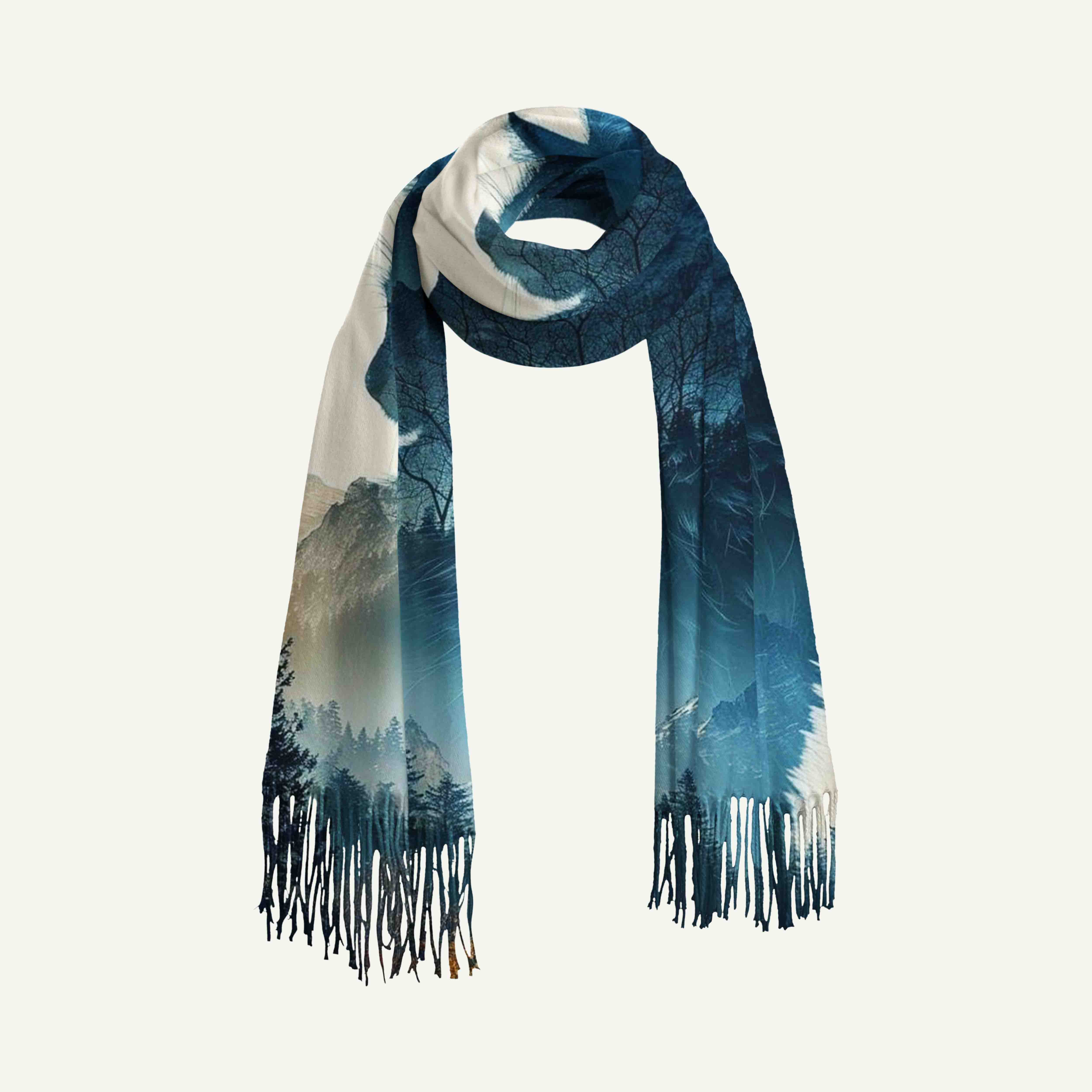 Forest Spirit Cat Long Cashmere Scarf with Tassels