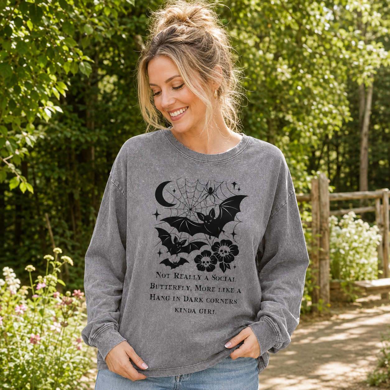 Hang In Dark Corners Kinda Girl Bats Washed Long Sleeves