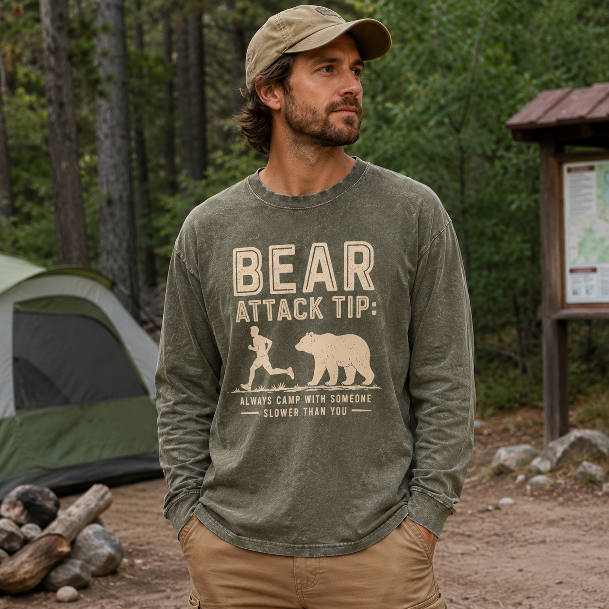 Bear Attack Tip Camp with Someone Slower Washed Long Sleeves