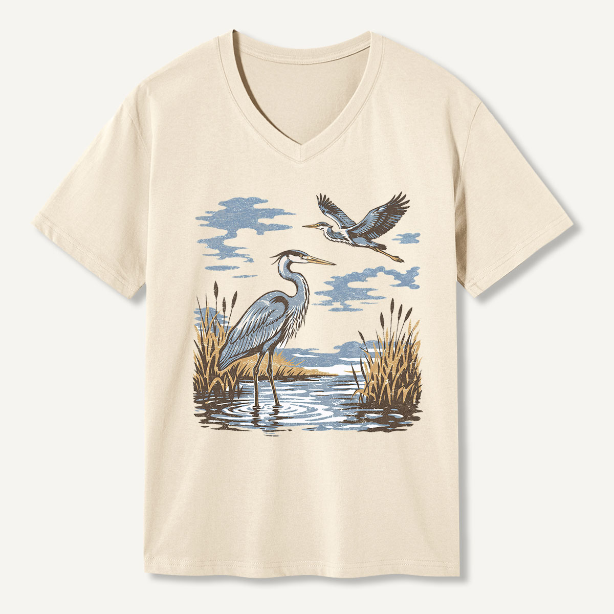Vintage Heron Wetland Bird Nature V-neck T-Shirt