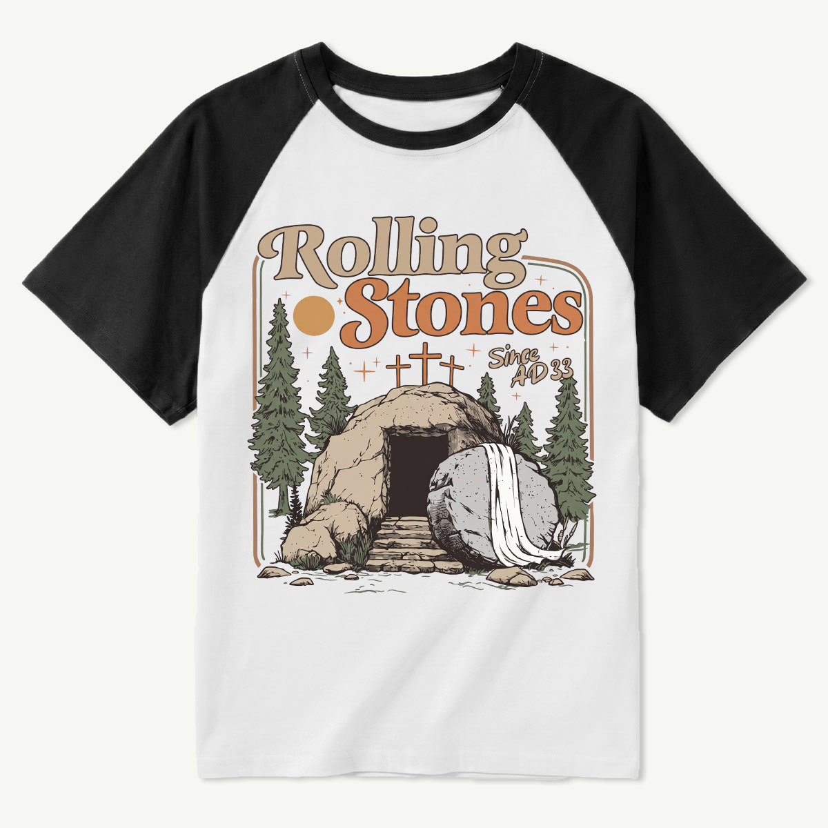 Retro Mountain Nature Cave and Stone Raglan T‑Shirt