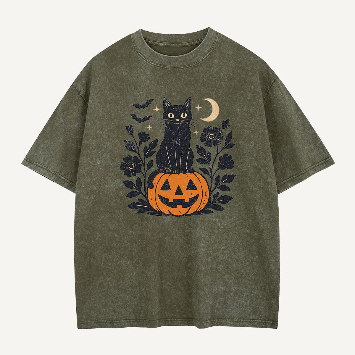 Black Cat on Pumpkin Watch Washed T-Shirt