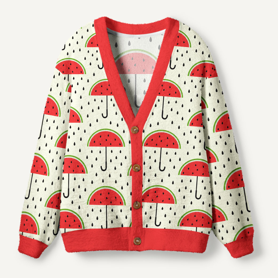 Watermelon Umbrella With Falling Seed Raindrops Ugly Cardigan Sweaters