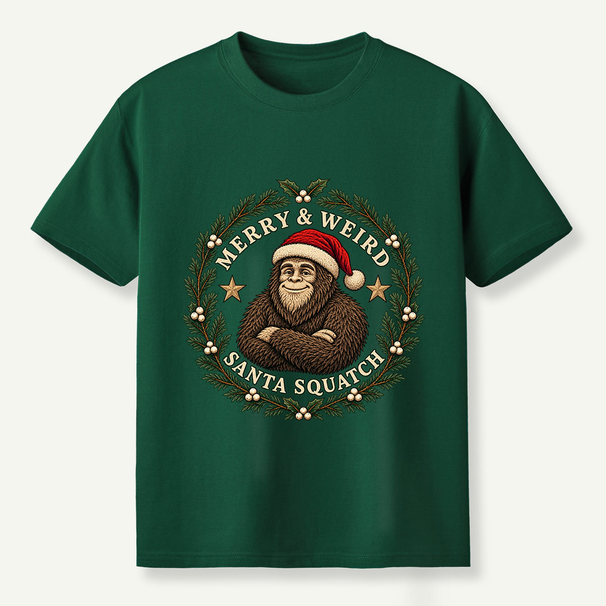 Merry And Weird Santa Squatch Christmas Wreath T-Shirt