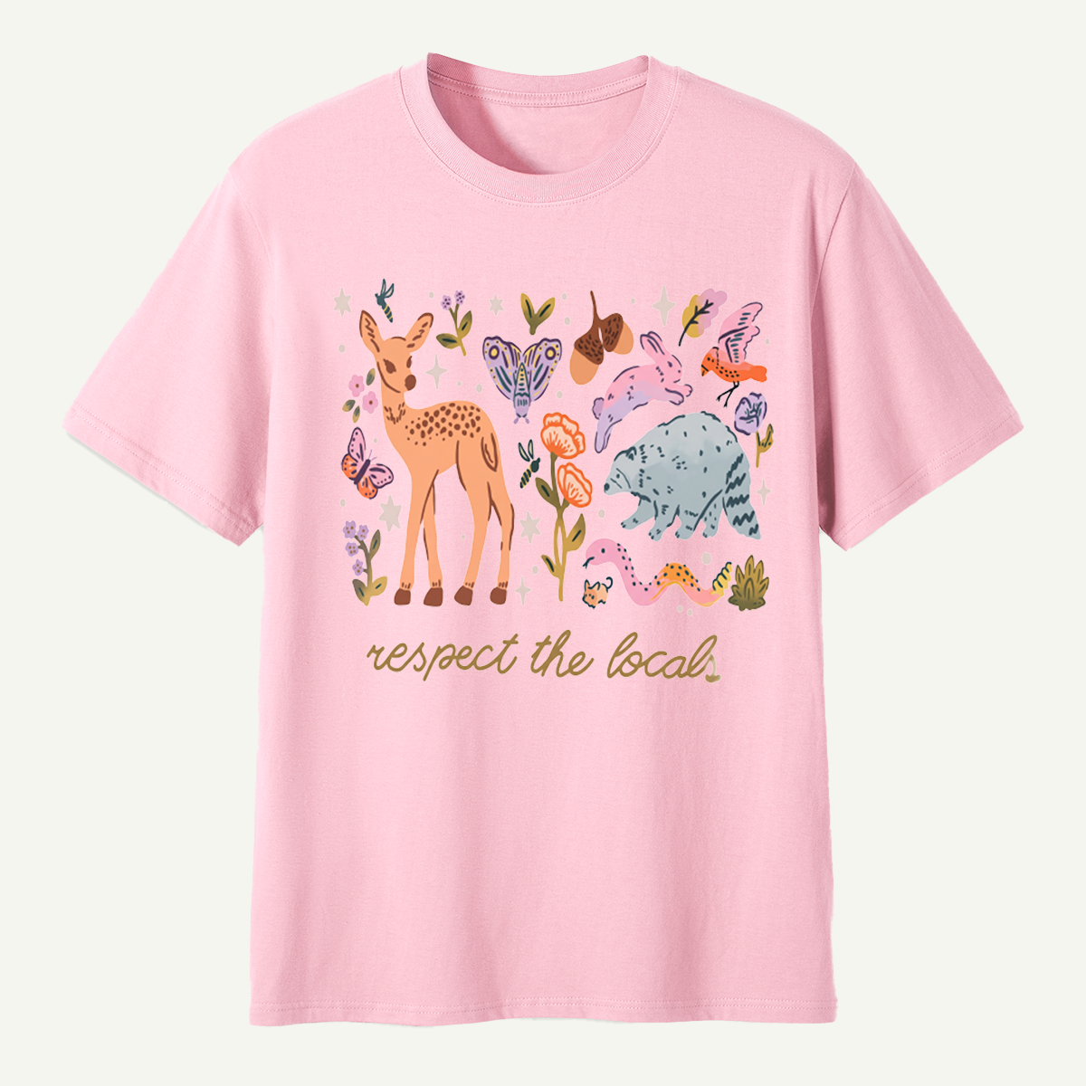 espect The Locals Woodland Wildlife Deer Rabbit Raccoon And Butterfly T-Shirt