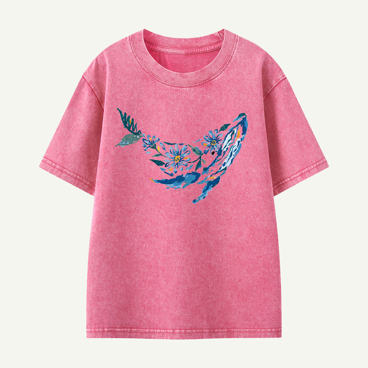 Floral Whale Silhouette Kids Washed T-Shirt