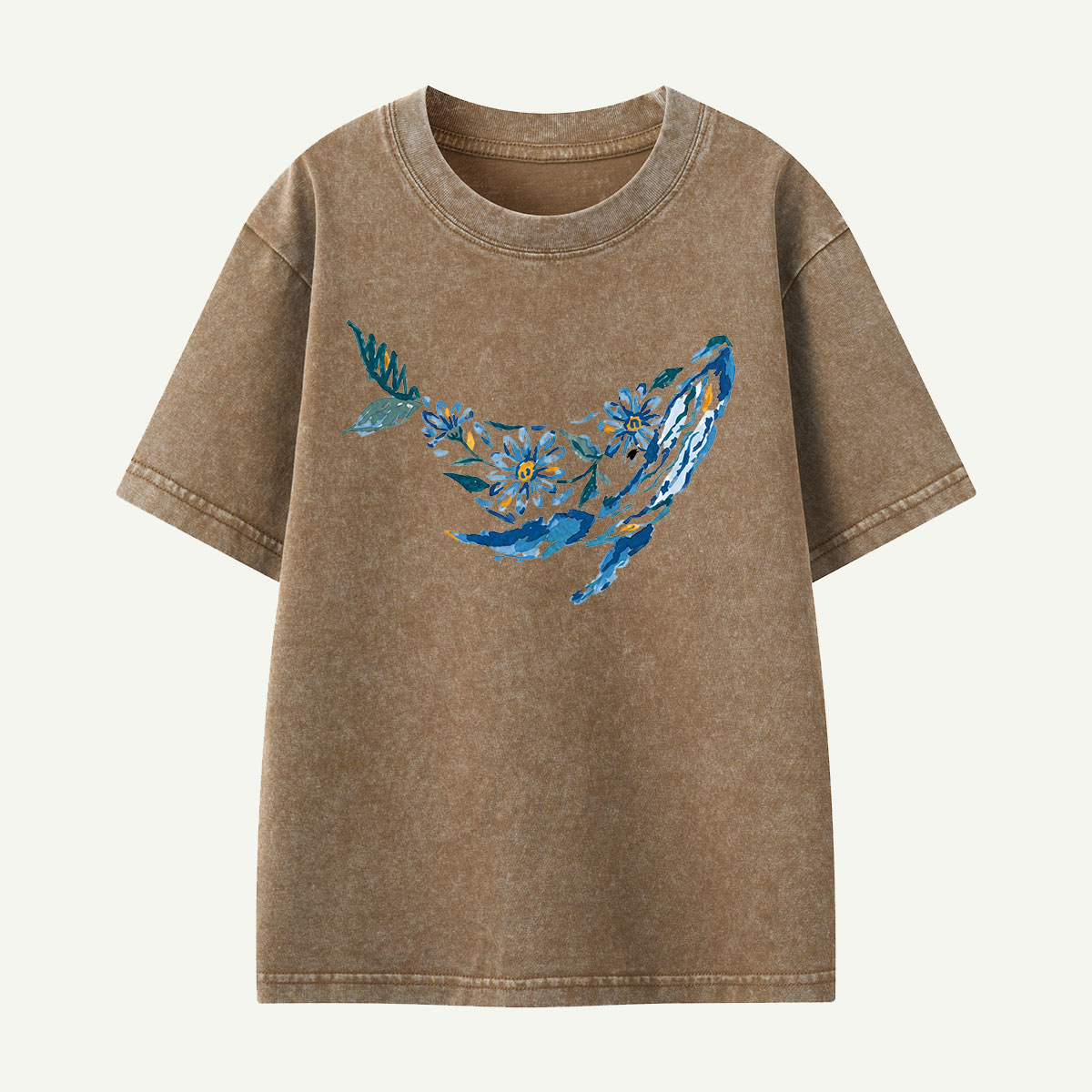 Floral Whale Silhouette Kids Washed T-Shirt