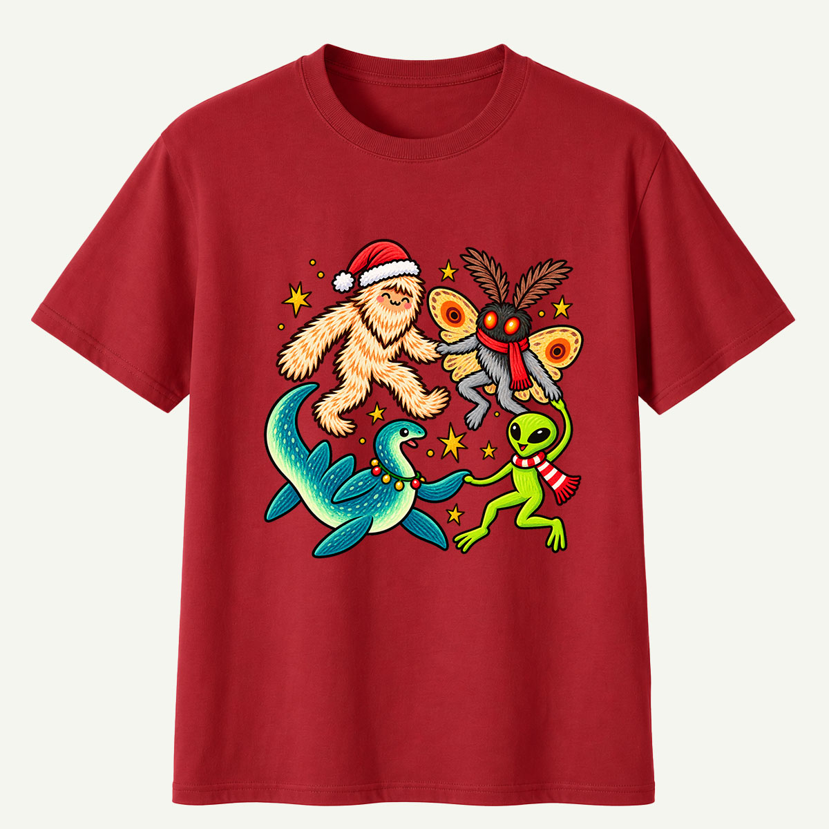 Christmas Cryptid Party Bigfoot Mothman Nessie And Alien T-Shirt