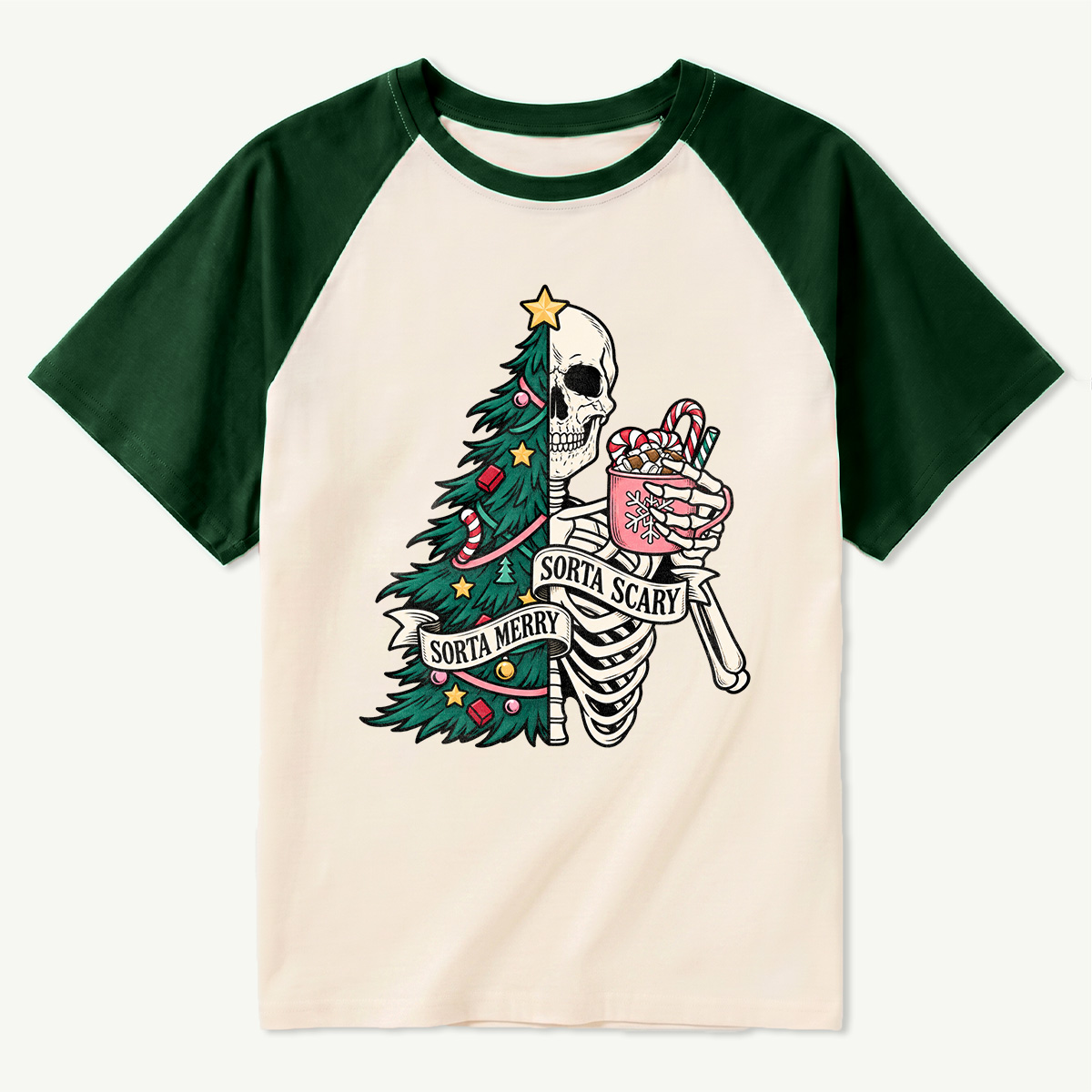 Sorta Merry Sorta Scary Half Skull Christmas Tree Raglan T-Shirt