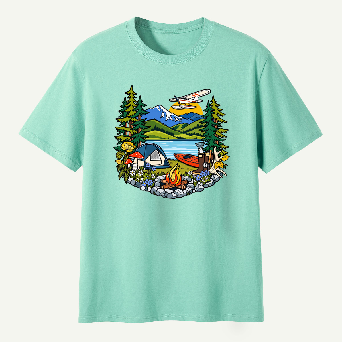 Lake Camping Kayak Seaplane Wilderness Scene T-Shirt