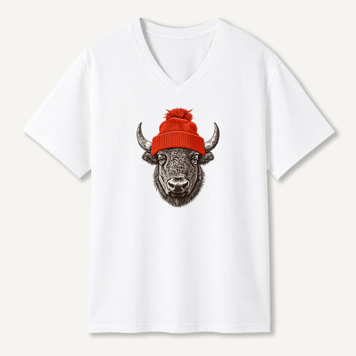 Winter Beanie Bison Portrait V-neck T-Shirt