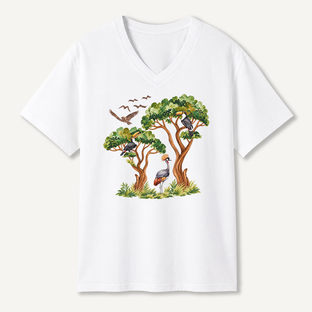 Tropical Toucan And Crowned Crane Forest V-neck T-Shirt