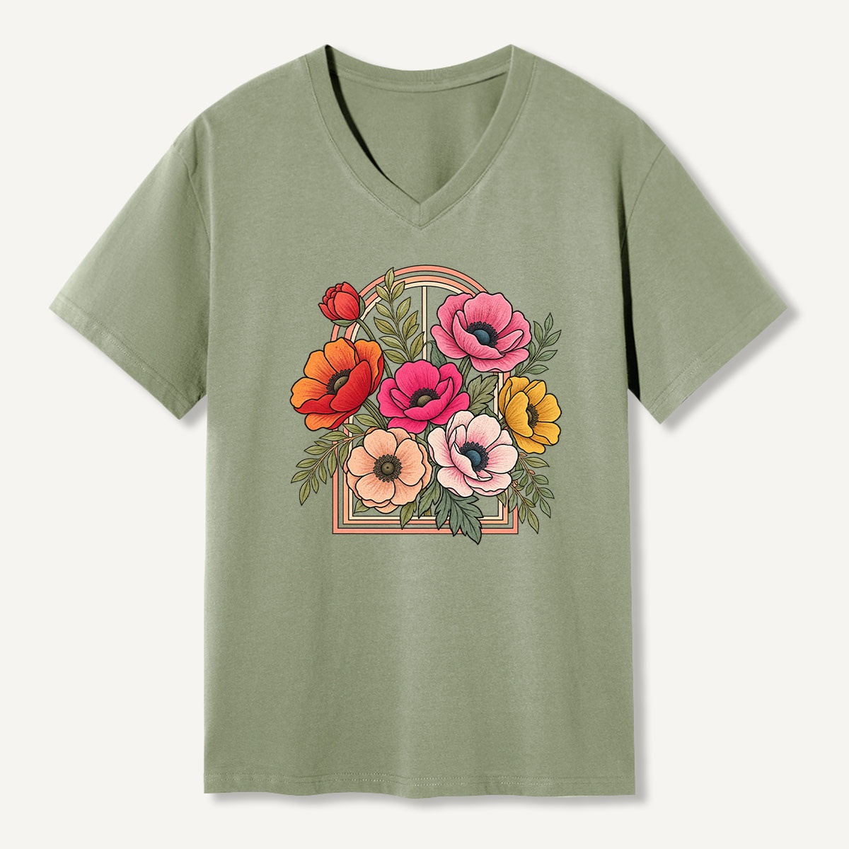 Vintage Floral Window Garden V-neck T-Shirt