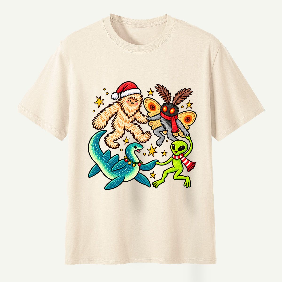 Christmas Cryptid Party Bigfoot Mothman Nessie And Alien T-Shirt