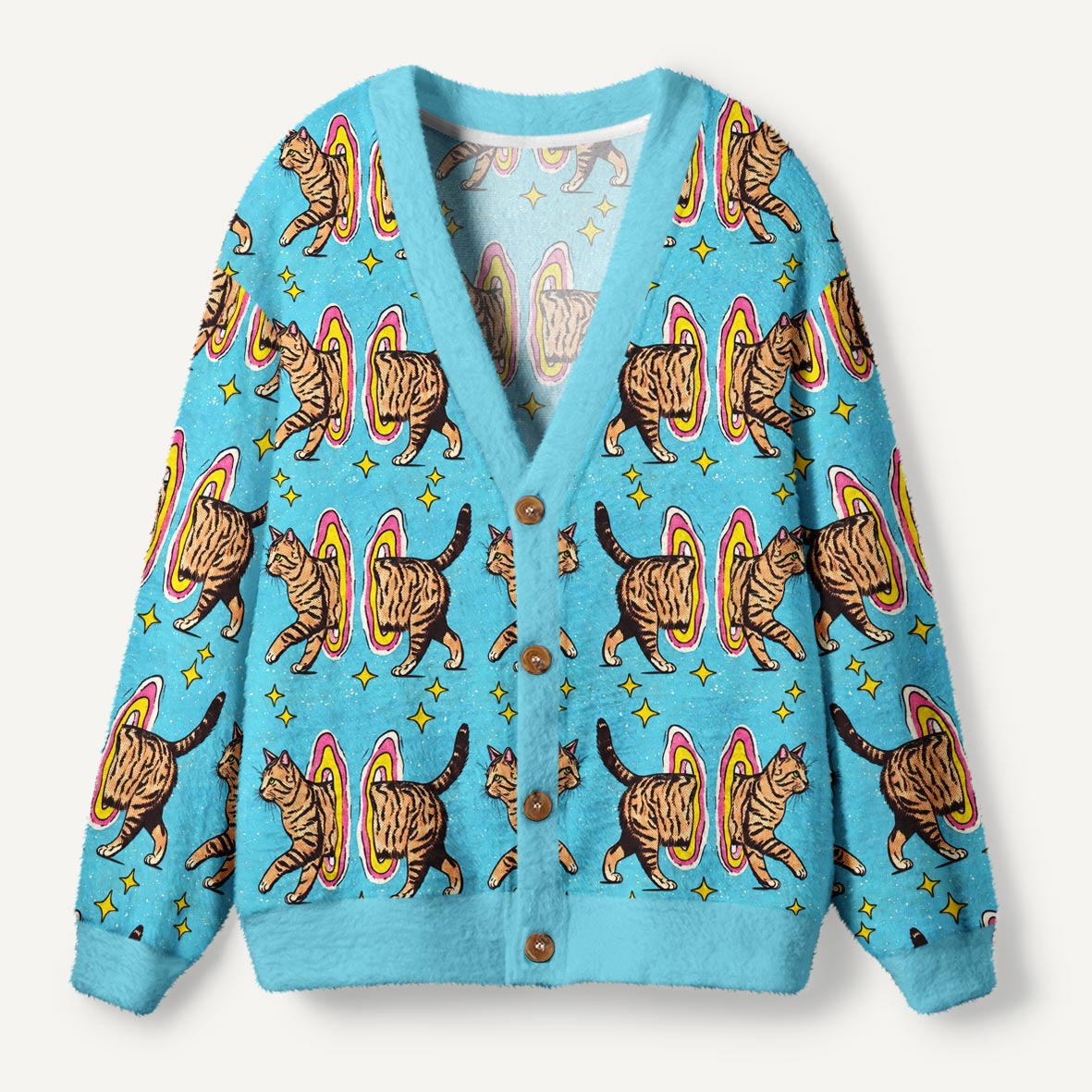 Tabby Cat Walking Through A Rainbow Portal Retro Cosmic Art Ugly Cardigan Sweaters