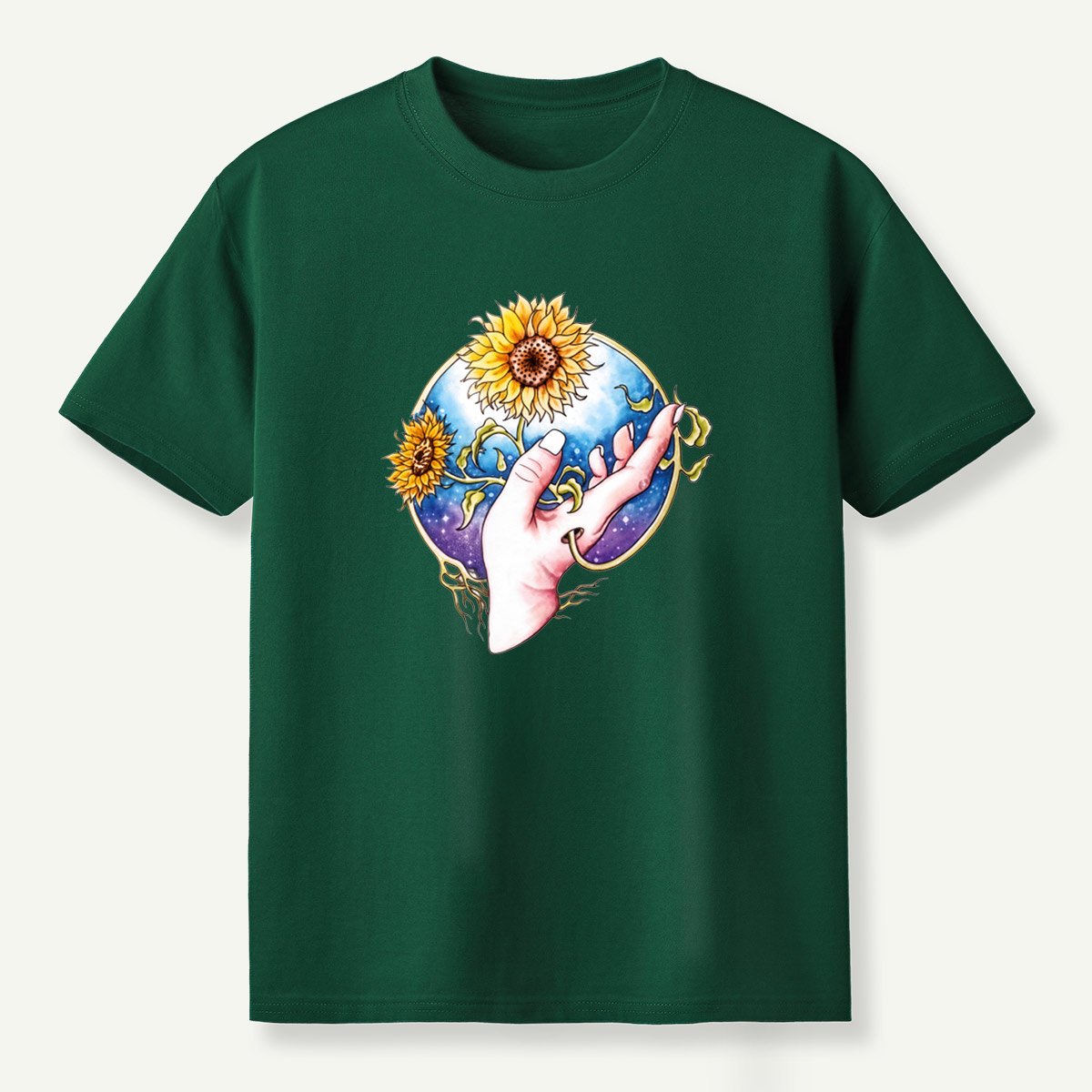 Sunflower Hand Galaxy Botanical Illustration T-Shirt