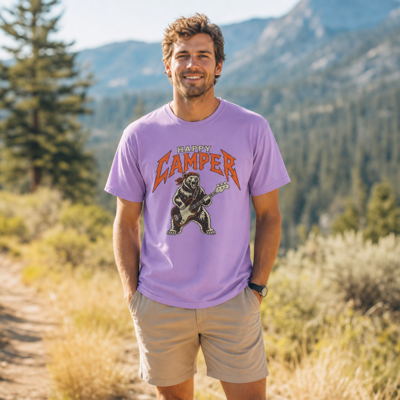 Happy Camper Rock Bear Bass Guitar T-Shirt
